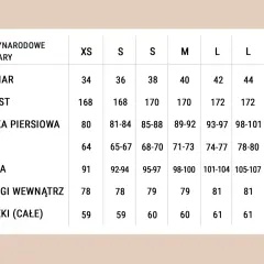 Tabela wymiarów odzieży: rozmiar, wzrost, klatka piersiowa, talia, biodra, długość nogi i ręki dla rozmiarów XS-XL.