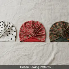 Trzy turbany dla dziewczynki: biały w czarne kropki, czerwony i zielony w orientalne wzory. Wykrój na turban dla dziewczynki.