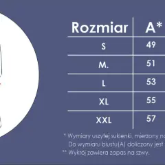 Schemat sukienki kopertowej z wymiarami. Wykrój zawiera tabelę rozmiarów i wskazówki dotyczące pomiarów.