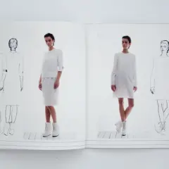 Kolekcja "szkoła projektowania ubioru" prezentuje białe, minimalistyczne kreacje. Obok zdjęć modelek szkice pokazują detale.
