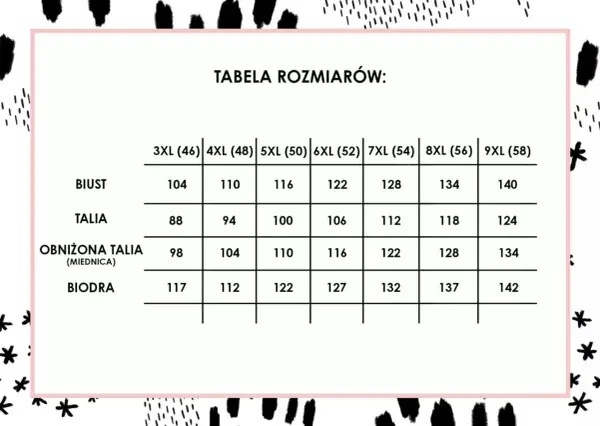 Tabela rozmiarów odzieży plus size: biust, talia, obniżona talia, biodra. Rozmiary od 3XL (46) do 9XL (58).